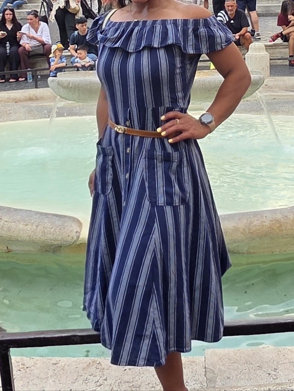 Boho Navy/Striped Off-Shoulder Cotton Blend Dress by Vivi-Violet Weekend Size S